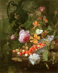 Et stilleben av jordbær i en skål og blomster, 1696